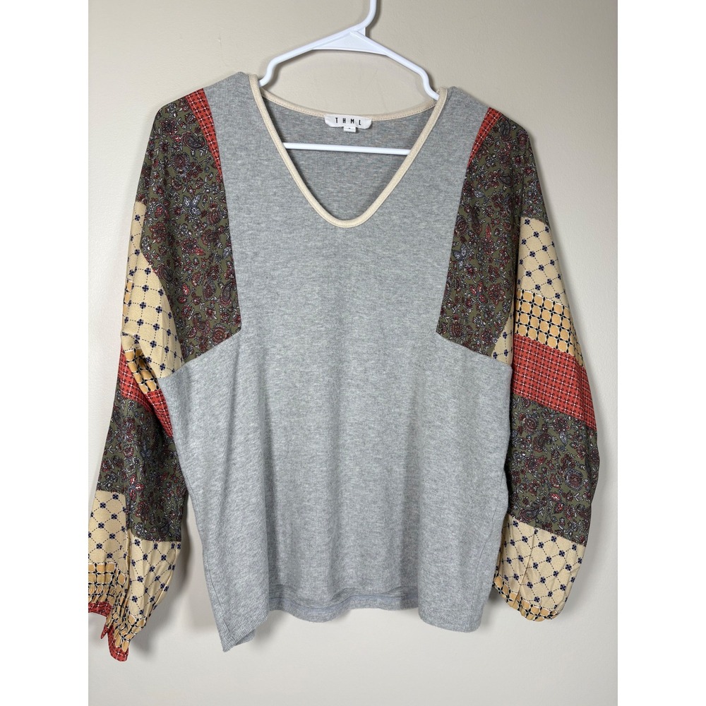 THML Womens Grey Ribbed V-Neck Top Mixed Media Patchwork Balloon Sleeve S Boho